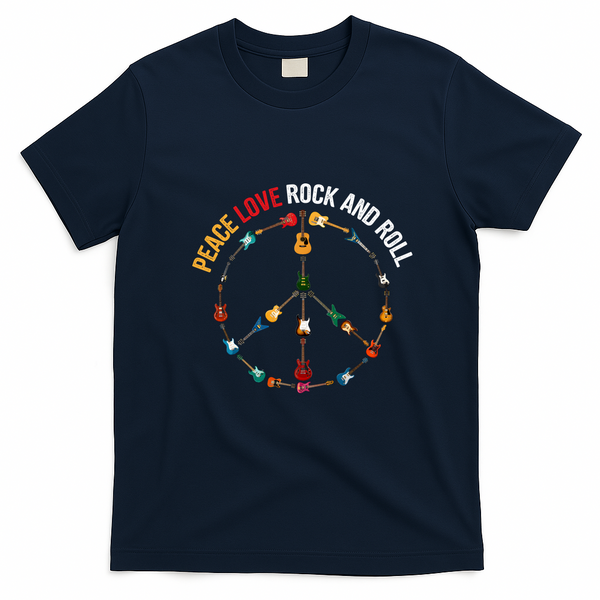 Peace Love Rock And Roll Guitars Music T-Shirt - Navy Blue