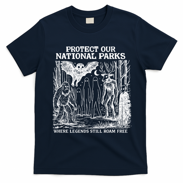Protect Our National Parks Mothman Cryptid Weirdcore Horror T-Shirt - Navy Blue