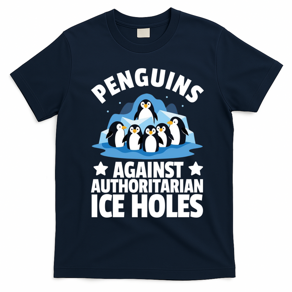 Penguin Protest Anti Authoritarian Ice Hole T-Shirt - Navy Blue