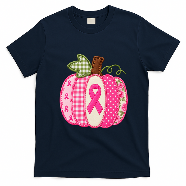 Patchwork Pumpkin Cancer Autumn Fall Halloween T-Shirt - Navy Blue