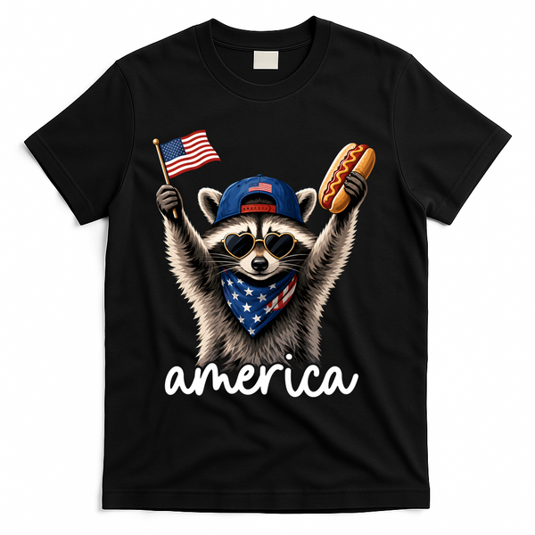 Patriotic Raccoon America Flag Hot Dog Celebration T-Shirt - Black