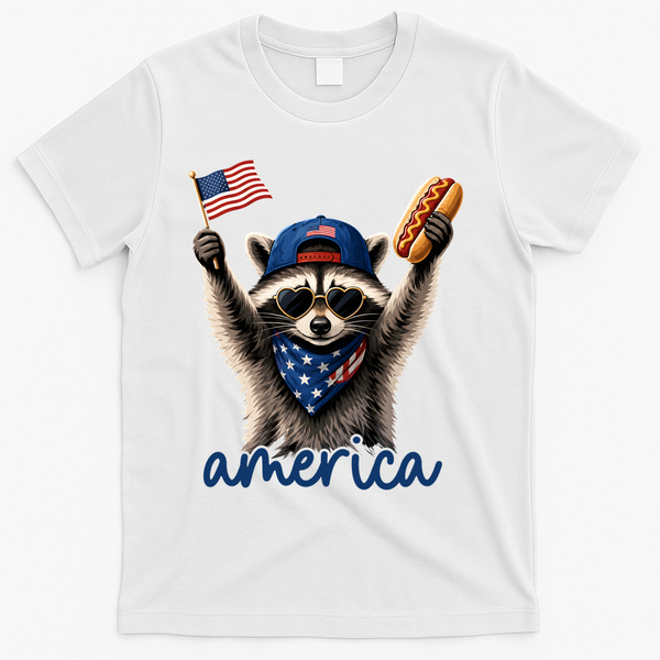 Patriotic Raccoon America Flag Hot Dog Celebration T-Shirt - White