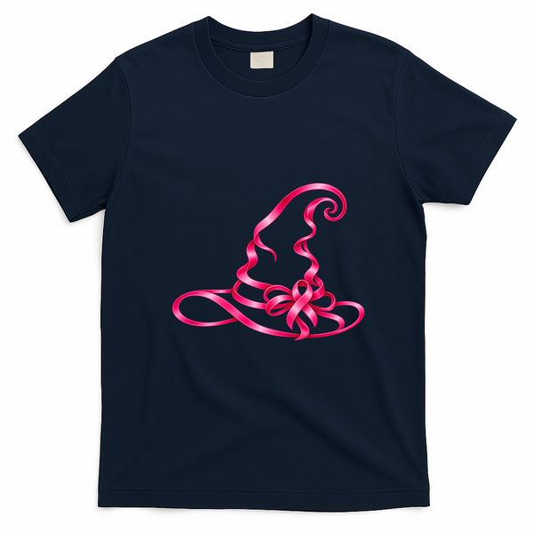 Pink Ribbon Witch Hat Breast Cancer Halloween T-Shirt - Navy Blue