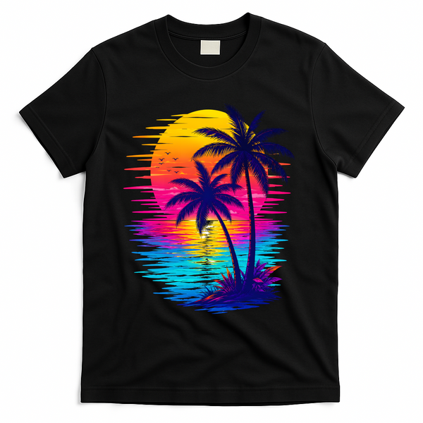 Palm Sunset Ocean Summer Beach Hawaiian T-Shirt - Black