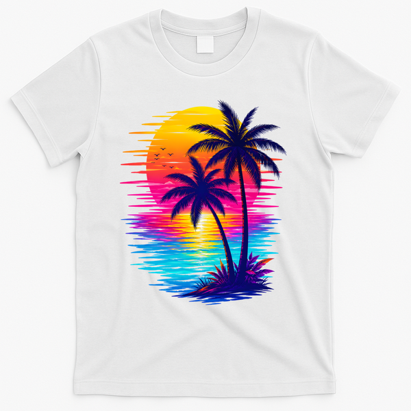 Palm Sunset Ocean Summer Beach Hawaiian T-Shirt - White
