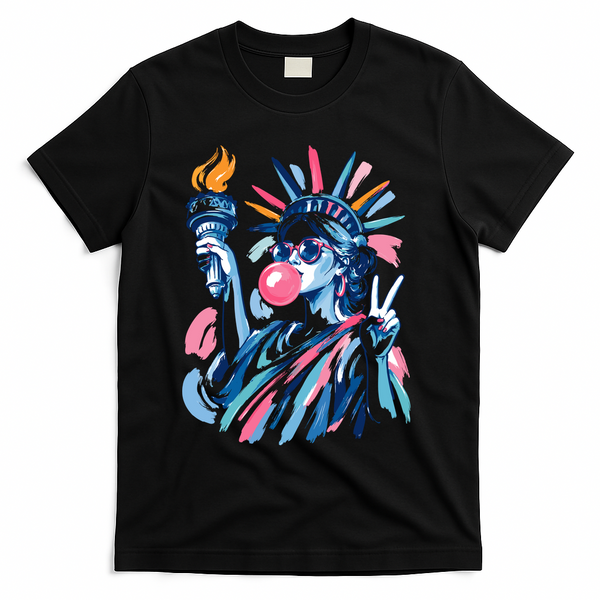 Preppy Statue Of Liberty Blowing Bubble Gum 4th Of July  T-Shirt - Black