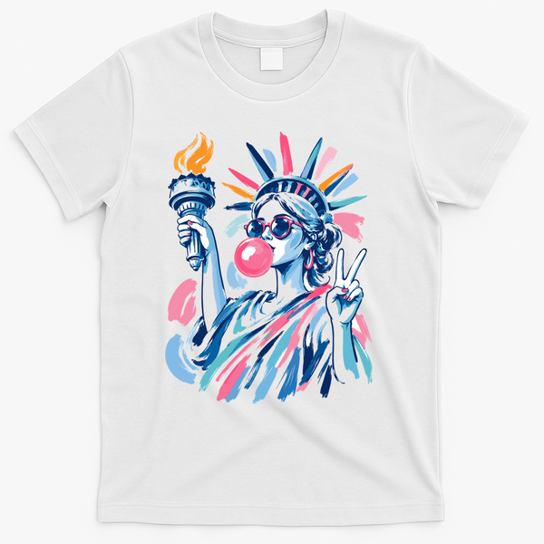 Preppy Statue Of Liberty Blowing Bubble Gum 4th Of July  T-Shirt - White