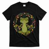 Peace Sign Yoga Frogs Cool Peace Frog Floral T-Shirt - Black