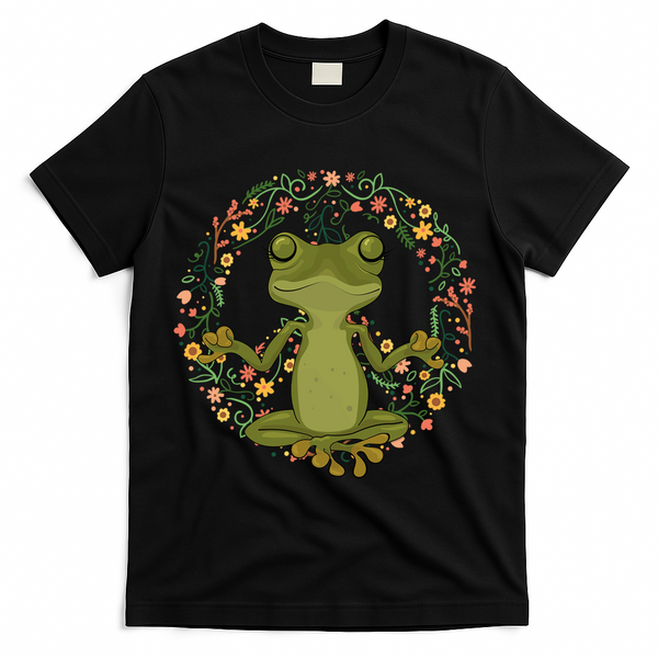 Peace Sign Yoga Frogs Cool Peace Frog Floral T-Shirt - Black