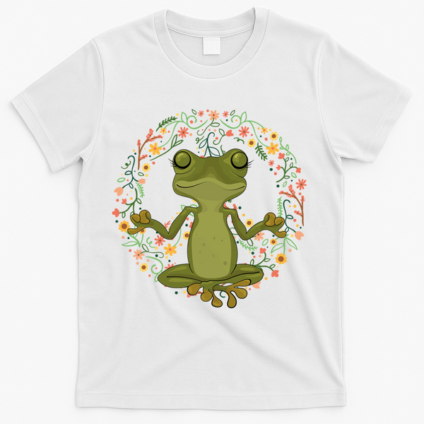 Peace Sign Yoga Frogs Cool Peace Frog Floral T-Shirt - White