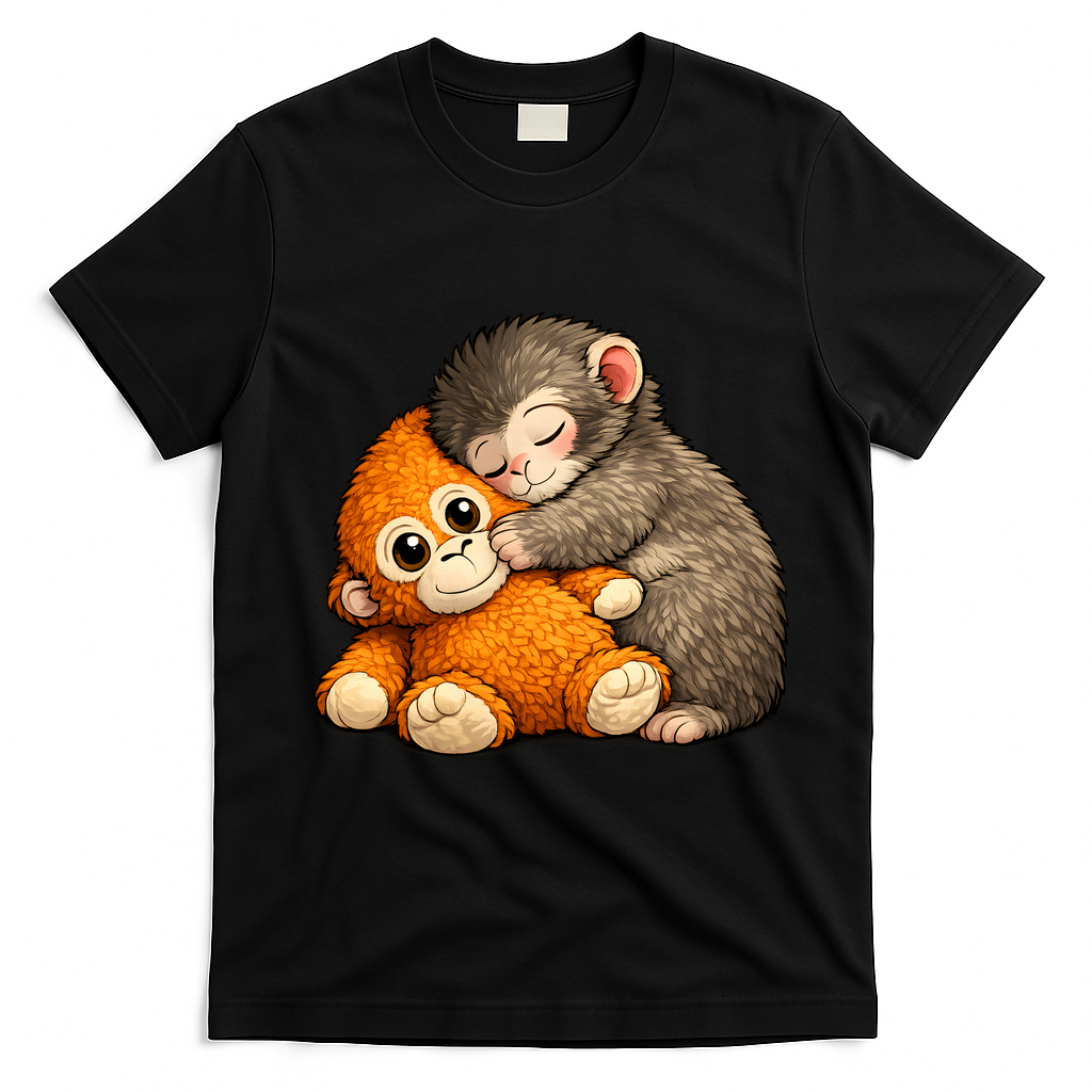 Punch The Monkey Cuddling Stuffed Animal T-Shirt - Black