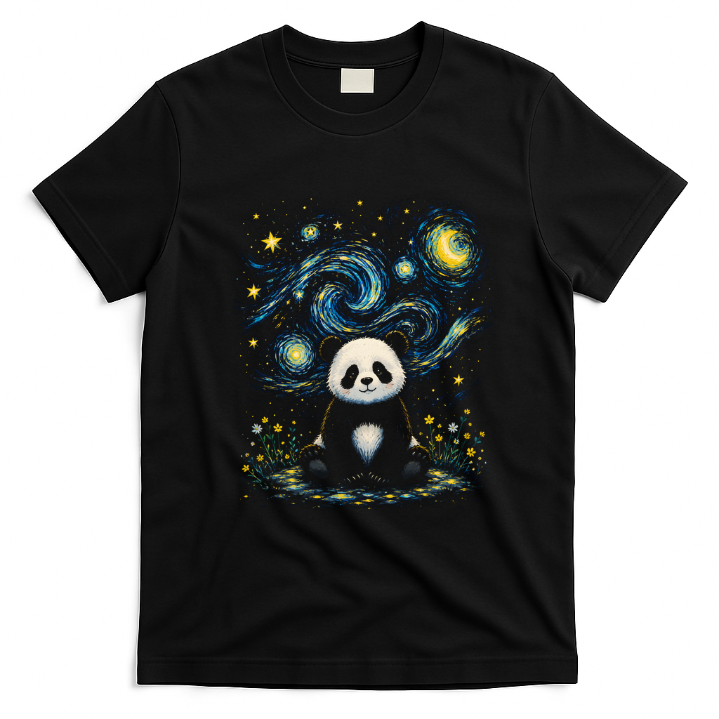 Panda Under Starry Night Sky Cosmic T-Shirt - Black