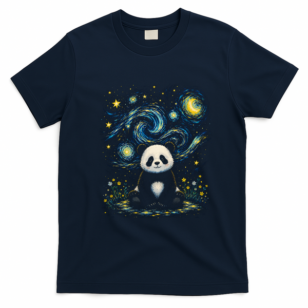 Panda Under Starry Night Sky Cosmic T-Shirt - Navy Blue