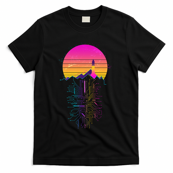 Retro 80s Space Shuttle Launch Circuit Mountain T-Shirt - Black