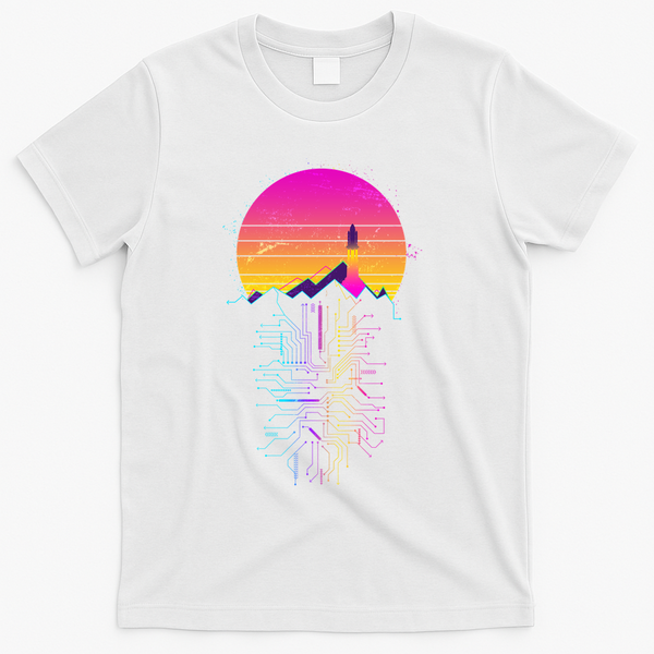 Retro 80s Space Shuttle Launch Circuit Mountain T-Shirt - White