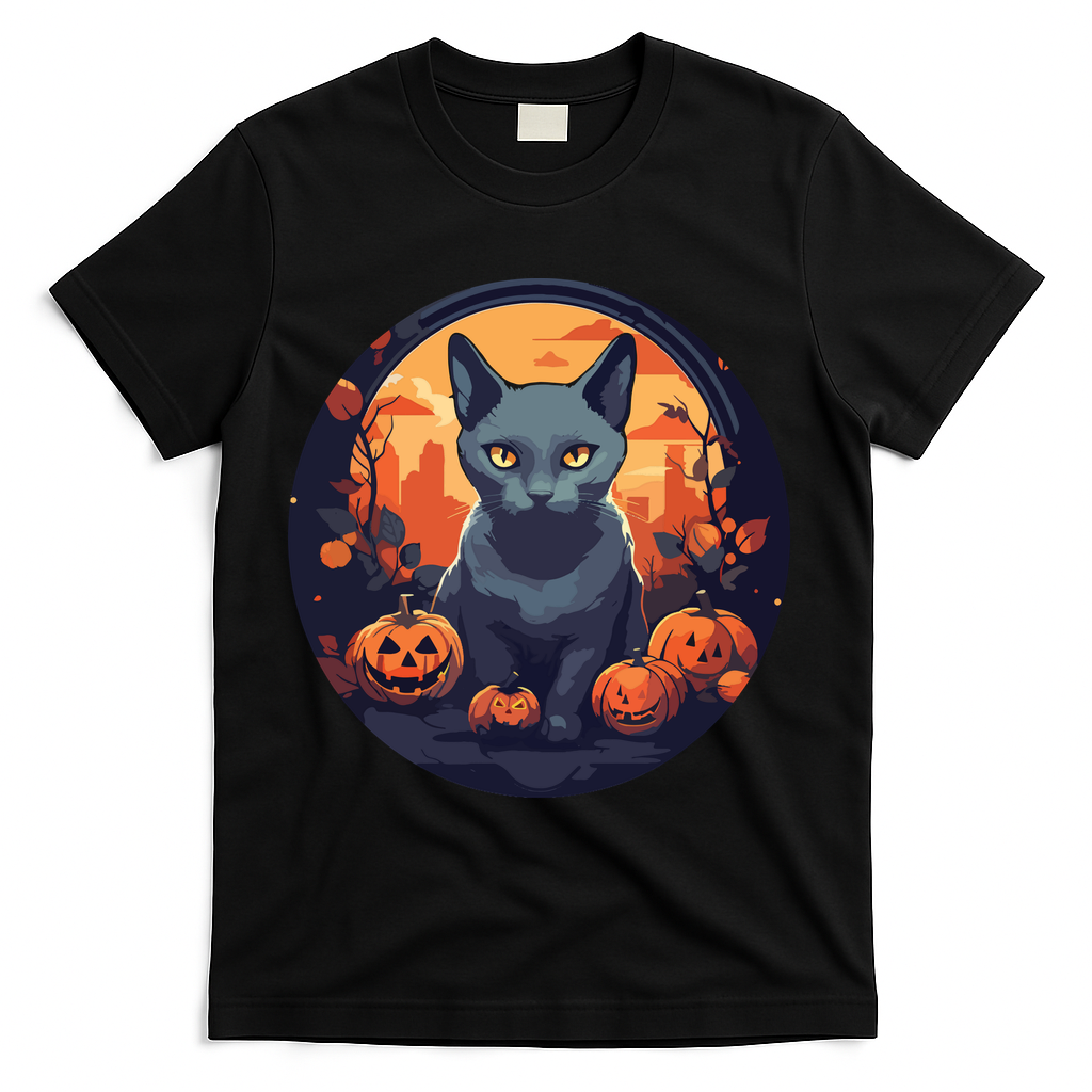 Russian Blue Cat Halloween Pumpkin Love Cats T-Shirt - Black