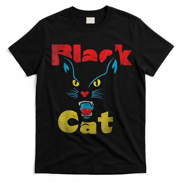 Retro Black Cat Retro Fireworks Vintage Halloween T-Shirt - Black