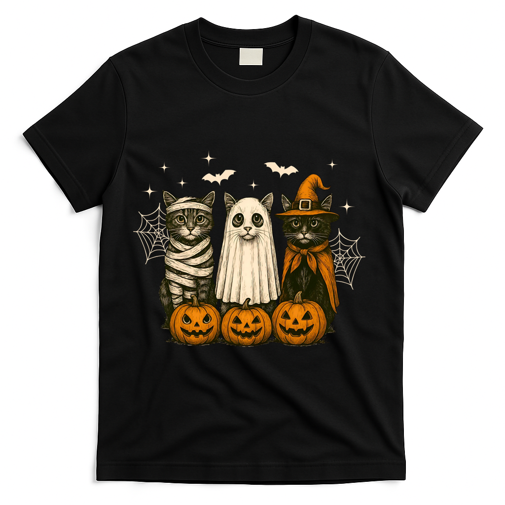 Retro Black Cat Witch Scary Halloween Pumpkin Spooky T-Shirt - Black