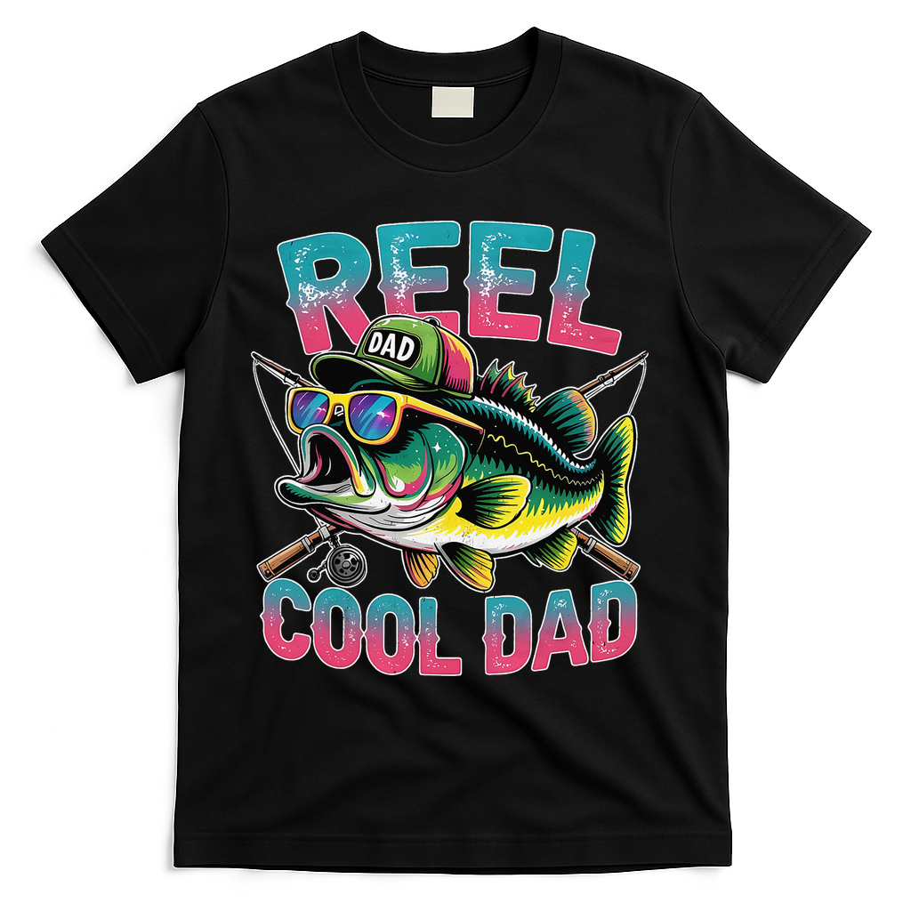 Reel Cool Dad Fishing Fisher Funny Fisherman Fathers Day T-Shirt - Black