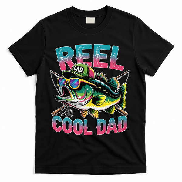 Reel Cool Dad Fishing Fisher Funny Fisherman Fathers Day T-Shirt - Black