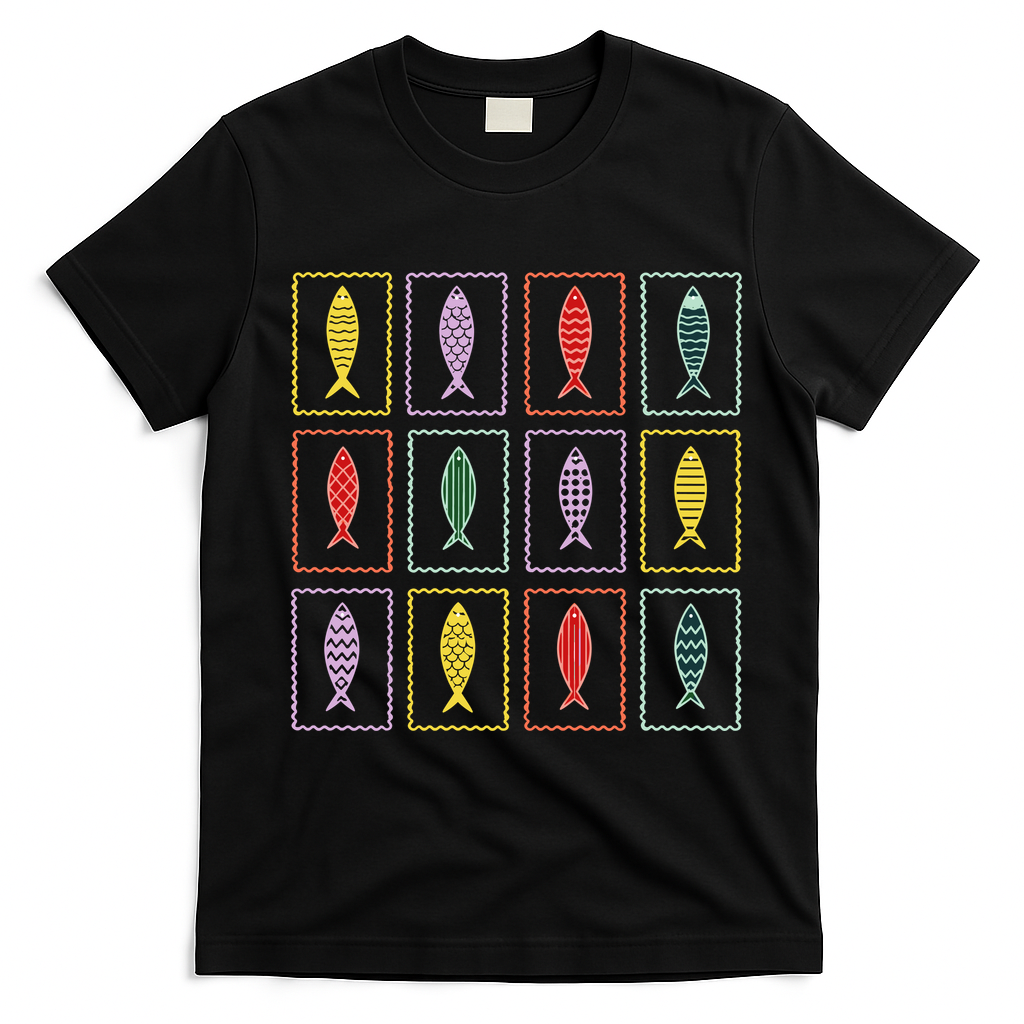 Retro Colorful Fish Pattern Art For Ocean Lovers  T-Shirt - Black