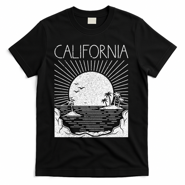Retro California Rising Sun Palms And Ocean Summer T-Shirt - Black