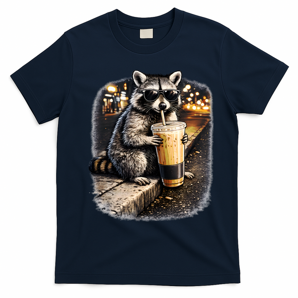 Raccoon Drinking Iced Coffee T-Shirt - Navy Blue