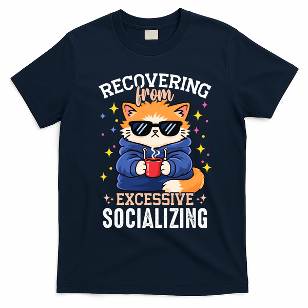 Recovering From Excessive Socializing Tired Cat T-Shirt - Navy Blue