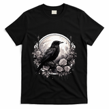 Raven Full Moon Gothic Witchy Crow Roses Mystical T-Shirt - Black