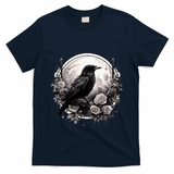 Raven Full Moon Gothic Witchy Crow Roses Mystical T-Shirt - Navy