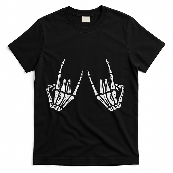 Rocker Hand Sign Rock Skeleton Retro Halloween Women T-Shirt - Black