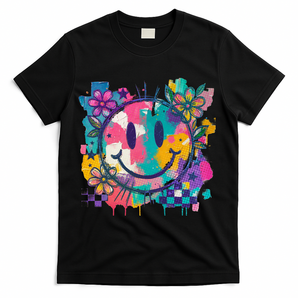Retro Painted Smiley Emoji T-Shirt - Black