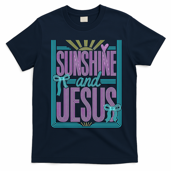 Retro Sunshine And Jesus Faith Striped Summer T-Shirt - Navy Blue