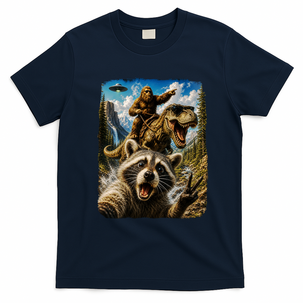 Raccoon Selfie Bigfoot T-Rex Dinosaur UFO Funny Gift T-Shirt - Navy Blue