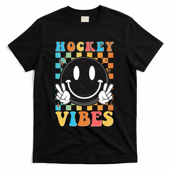 Retro Smiley Emoji Hockey Vibes T-Shirt - Black