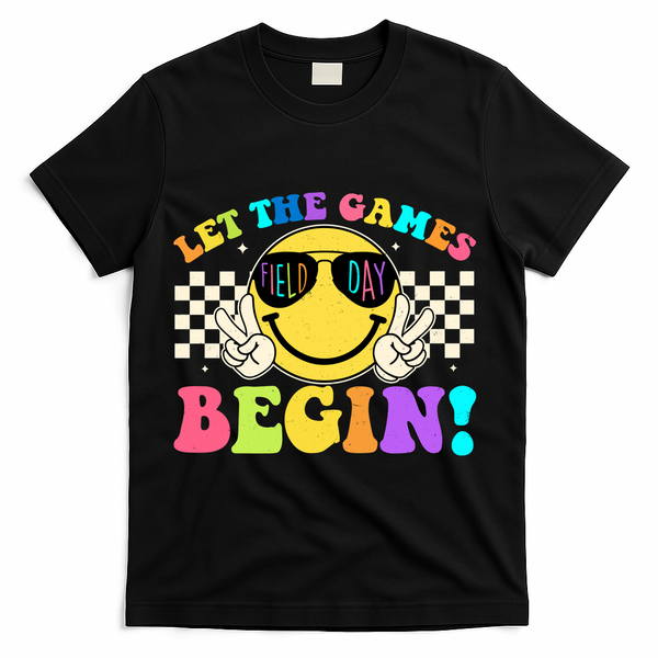 Retro Smiley Emoji Field Day Let The Games Begin T-Shirt - Black