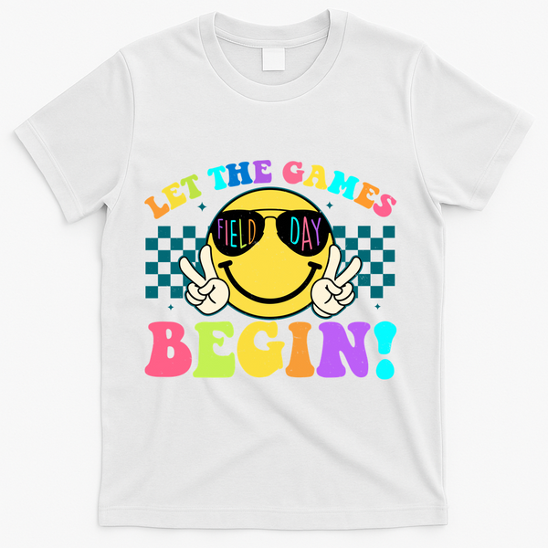 Retro Smiley Emoji Field Day Let The Games Begin T-Shirt - White