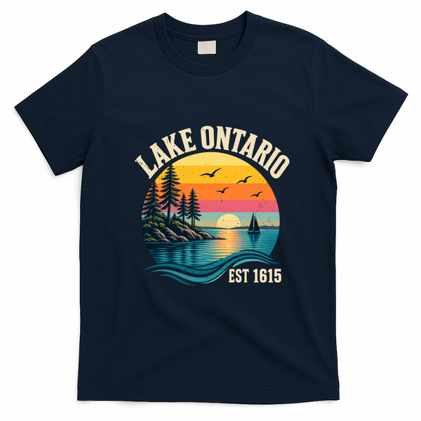 Retro Sunset Great Lakes Lake Ontario EST 1615 T-Shirt - Navy Blue