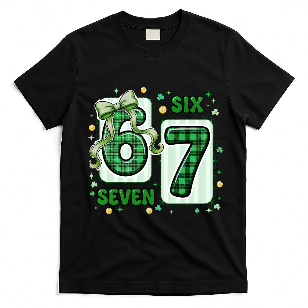 Retro St Patrick's Lucky 67 Six Seven 6-7 Meme T-Shirt - Black