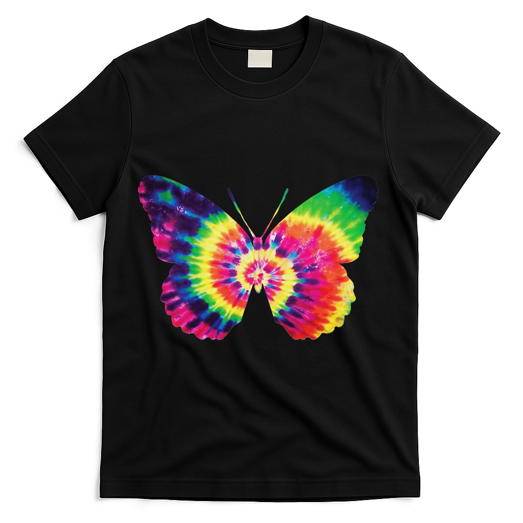 Rainbow Tie Dye Butterfly Tye Die Look Cool T-Shirt - Black