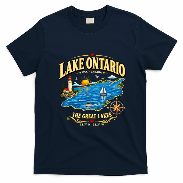 Retro Vintage Lake Ontario The Great Lakes Canada T-Shirt - Navy Blue