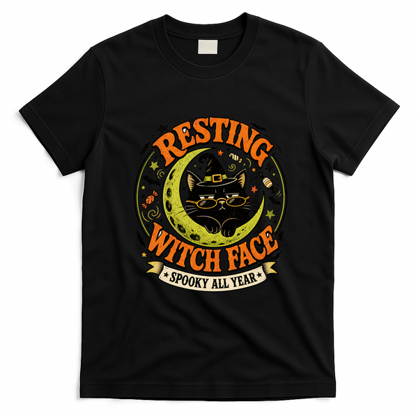 Resting Witch Face Black Cat Moon Halloween Art T-Shirt - Black