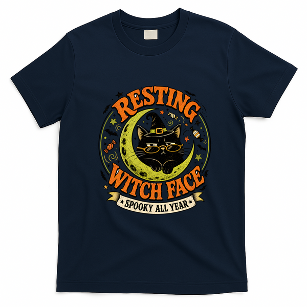Resting Witch Face Black Cat Moon Halloween Art T-Shirt - Navy Blue