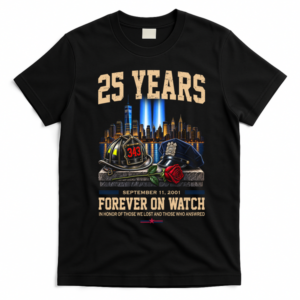September 11th Memorial Tribute 9/11 25th Anniversary T-Shirt - Black