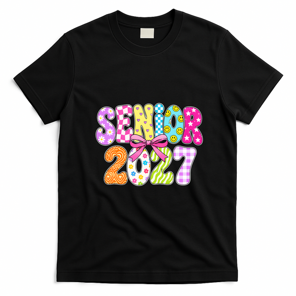 Senior 2027 Colorful Retro Bowtie T-Shirt - Black