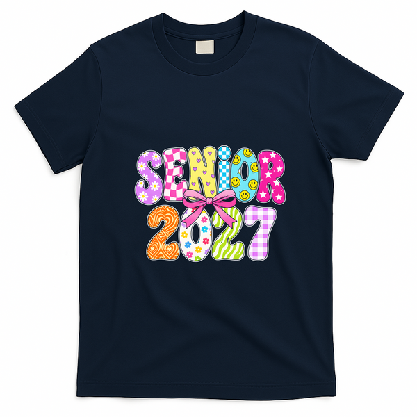 Senior 2027 Colorful Retro Bowtie T-Shirt - Navy Blue