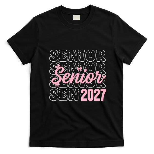 Senior 2027 Pink Bows Class Spirit Celebration T-Shirt - Black