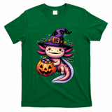Sea Animal Lovers Axolotl Witch Hat Celebrating Halloween T-Shirt - Green
