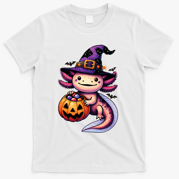 Sea Animal Lovers Axolotl Witch Hat Celebrating Halloween T-Shirt - White