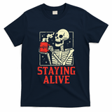 Staying Alive Skeleton Coffe Funny Retro Vintage Halloween T-Shirt - Navy Blue